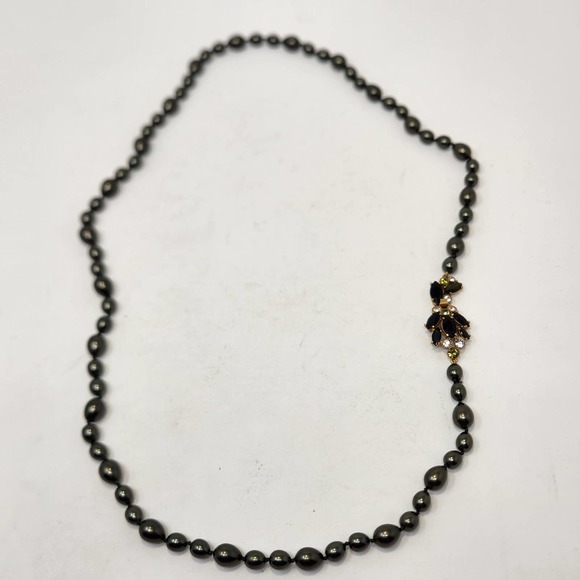 Gunmetal Gray Glass Bead Strand Long Necklace Black Rhinestone Clasp Hand Knot - Picture 3 of 5